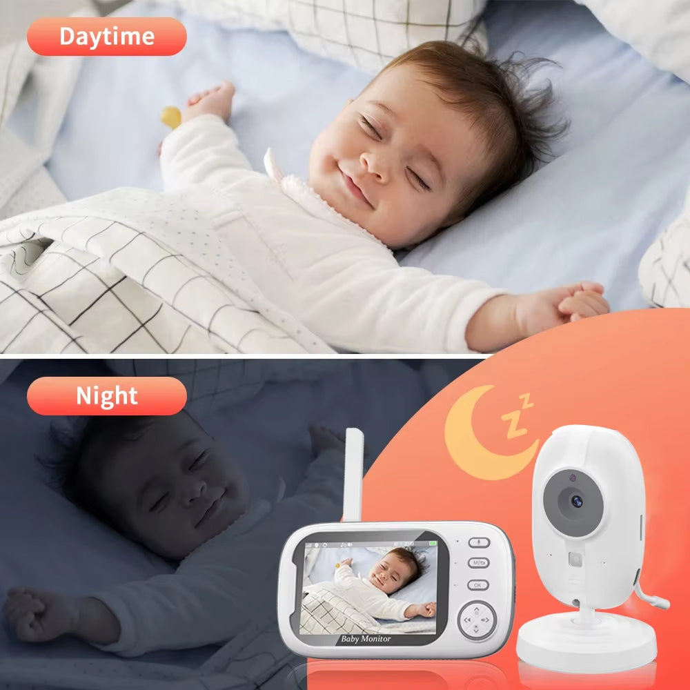 Baby sleeping with a PoiseFin Wireless Video Baby Monitor showing day and night views.