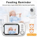 PoiseFin Wireless Video Baby Monitor with screen displaying a baby feeding, accompanied by text about feeding reminders.