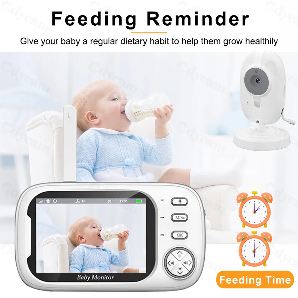 PoiseFin Wireless Video Baby Monitor with screen displaying a baby feeding, accompanied by text about feeding reminders.