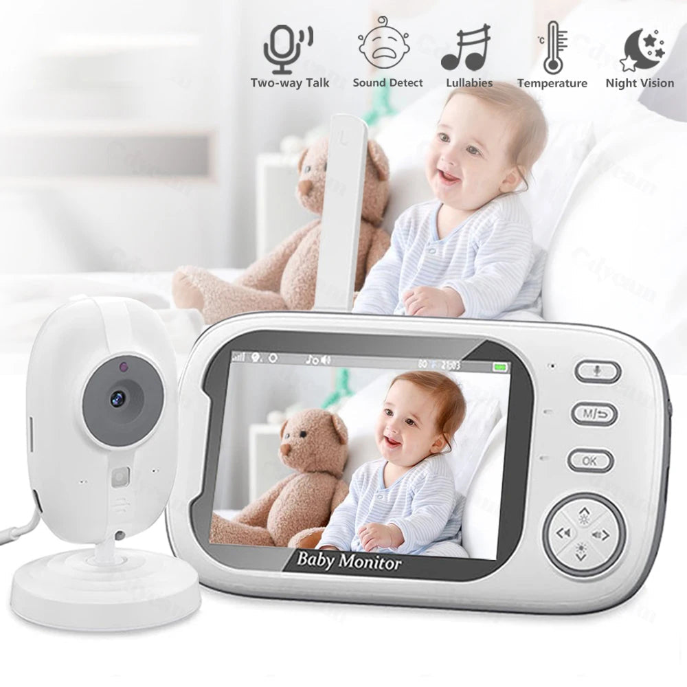 PoiseFin Wireless Video Baby Monitor set with a handheld screen showing a baby photo and a separate white security camera, with feature icons for two-way talk, sound detection, lullabies, temperature, and night vision.