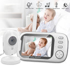 PoiseFin Wireless Video Baby Monitor set with a handheld screen showing a baby photo and a separate white security camera, with feature icons for two-way talk, sound detection, lullabies, temperature, and night vision.