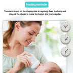 Woman feeding a baby with a bottle, accompanied by feeding reminder text and clocks.