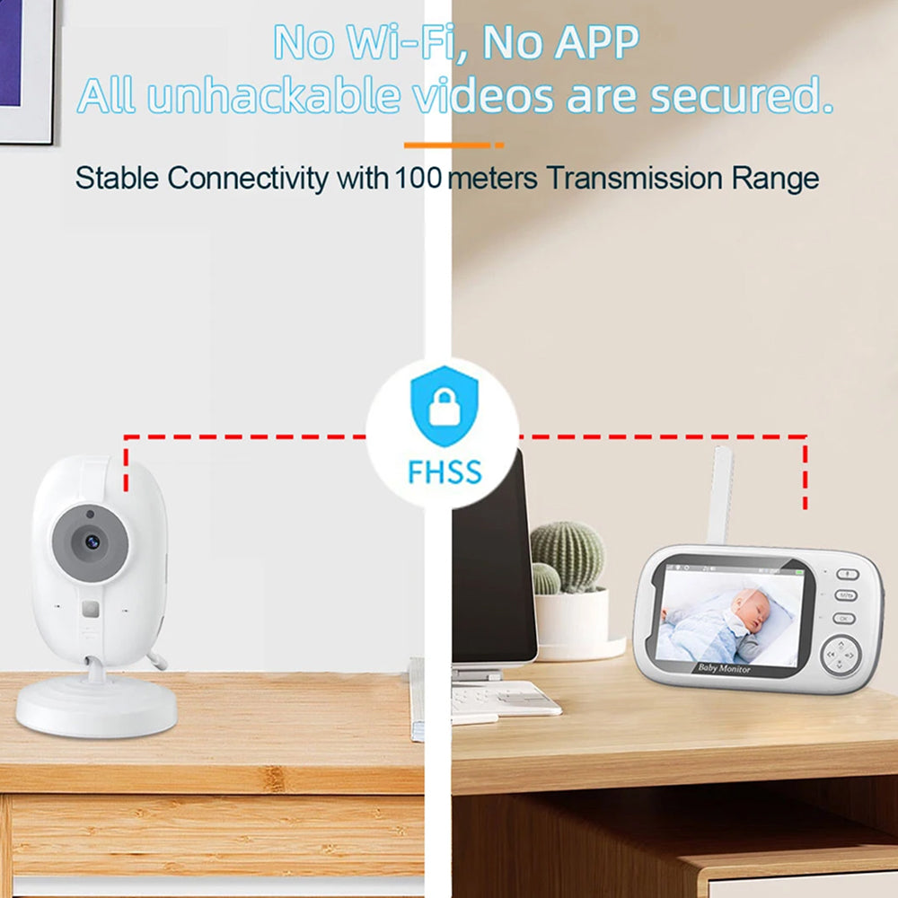 Two images of a PoiseFin Wireless Video Baby Monitor with text about security and transmission range.