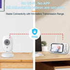 Two images of a PoiseFin Wireless Video Baby Monitor with text about security and transmission range.
