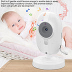 PoiseFin Wireless Video Baby Monitor with a baby in the background, featuring text about soothing songs and auditory development.