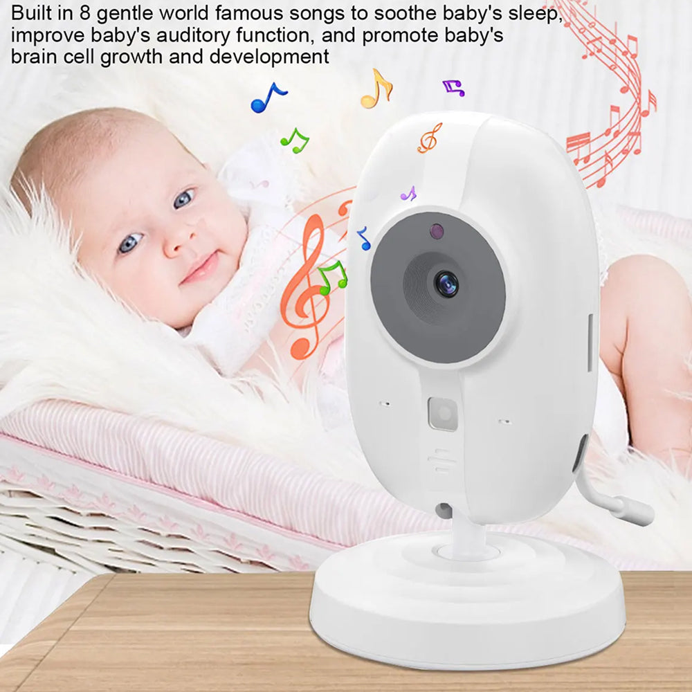 PoiseFin Wireless Video Baby Monitor with a baby in the background, featuring text about soothing songs and auditory development.