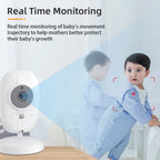 A PoiseFin Wireless Video Baby Monitor camera shown in a home setting with a child in a blue checkered outfit, with text reading 'Real Time Monitoring' and a blue light beam graphic indicating motion detection.