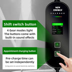 A black Portable EV Charger for Type 2 Cars display panel with a hand pressing a button, shown alongside text callouts describing features like the shift switch button and appointment charging button.
