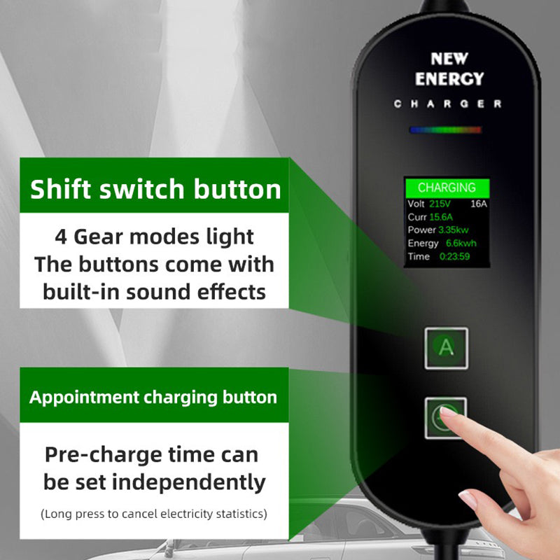 A black Portable EV Charger for Type 2 Cars display panel with a hand pressing a button, shown alongside text callouts describing features like the shift switch button and appointment charging button.