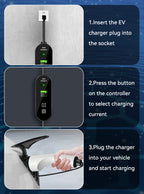 Three-step instructional graphic for using an EV charger: 1) Insert the charger plug into a wall socket, 2) Press the button on the controller to select charging current, and 3) Plug the charger into a vehicle and start charging. The charger controller is shown in wall and vehicle scenes, with text instructions on a dark blue graphic background.