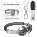 PosNervi Vagus Nerve Stimulator device kit including a silver over-ear headphone-shaped device, white USB charging cable, black three-button remote, and a small tube of gel, shown on a white background with product packaging.