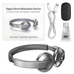 PosNervi Vagus Nerve Stimulator device kit including a silver over-ear headphone-shaped device, white USB charging cable, black three-button remote, and a small tube of gel, shown on a white background with product packaging.
