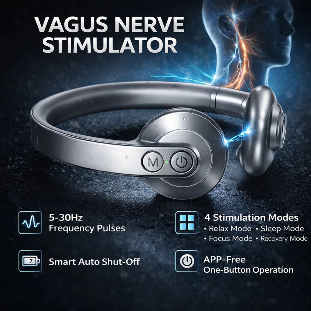 PosNervi Vagus Nerve Stimulator with features highlighted on a dark background