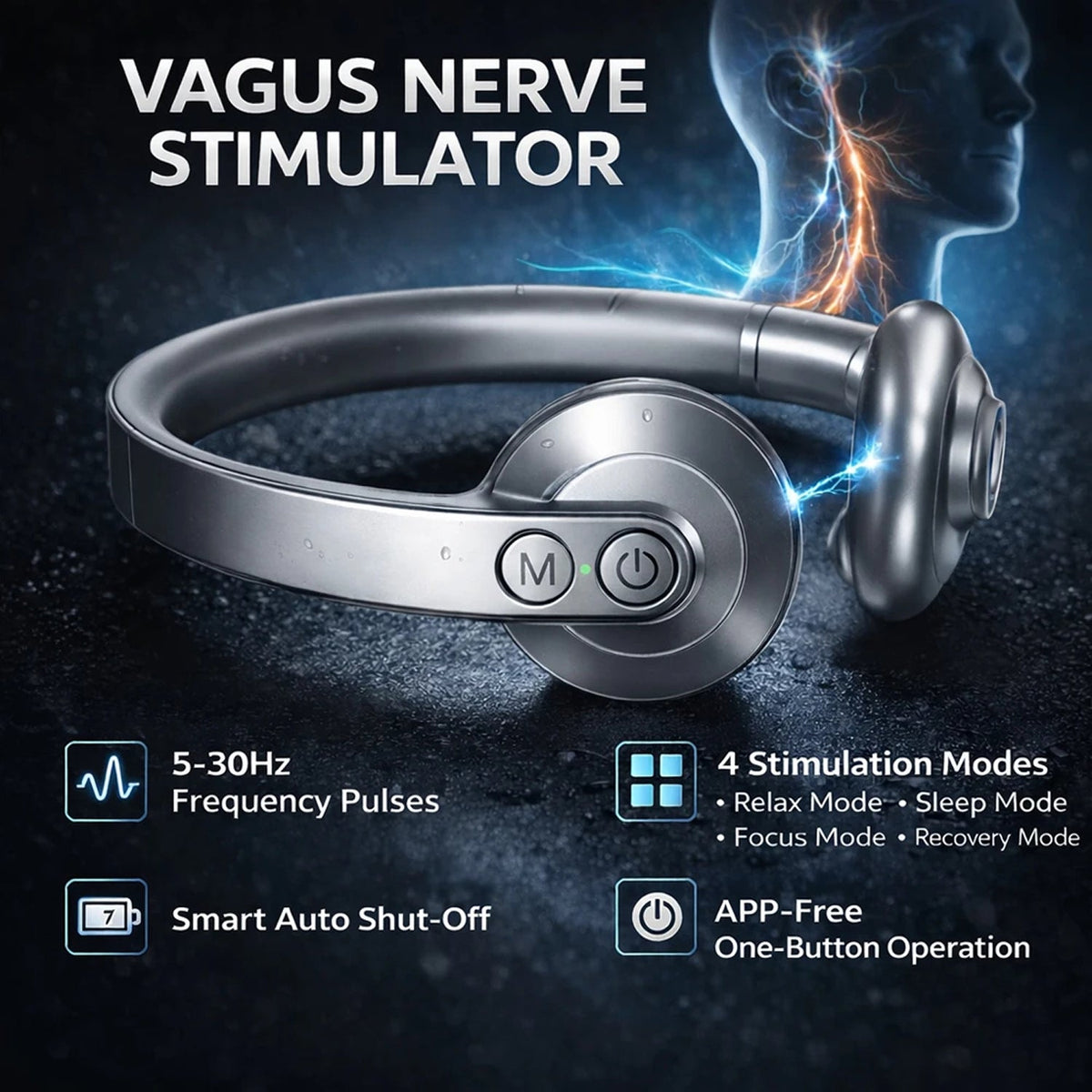 PosNervi Vagus Nerve Stimulator with features highlighted on a dark background