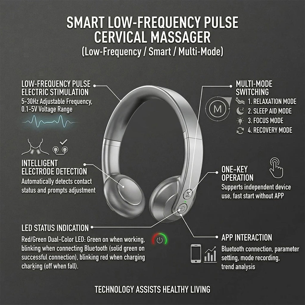 A promotional infographic for a smart low-frequency pulse cervical massager, showing the silver and black headband-style device with callout lines and text explaining features like low-frequency pulse electric stimulation, multi-mode switching, intelligent electrode detection, LED status indication, one-key operation, and app interaction.