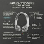 A promotional infographic for a smart low-frequency pulse cervical massager, showing the silver and black headband-style device with callout lines and text explaining features like low-frequency pulse electric stimulation, multi-mode switching, intelligent electrode detection, LED status indication, one-key operation, and app interaction.