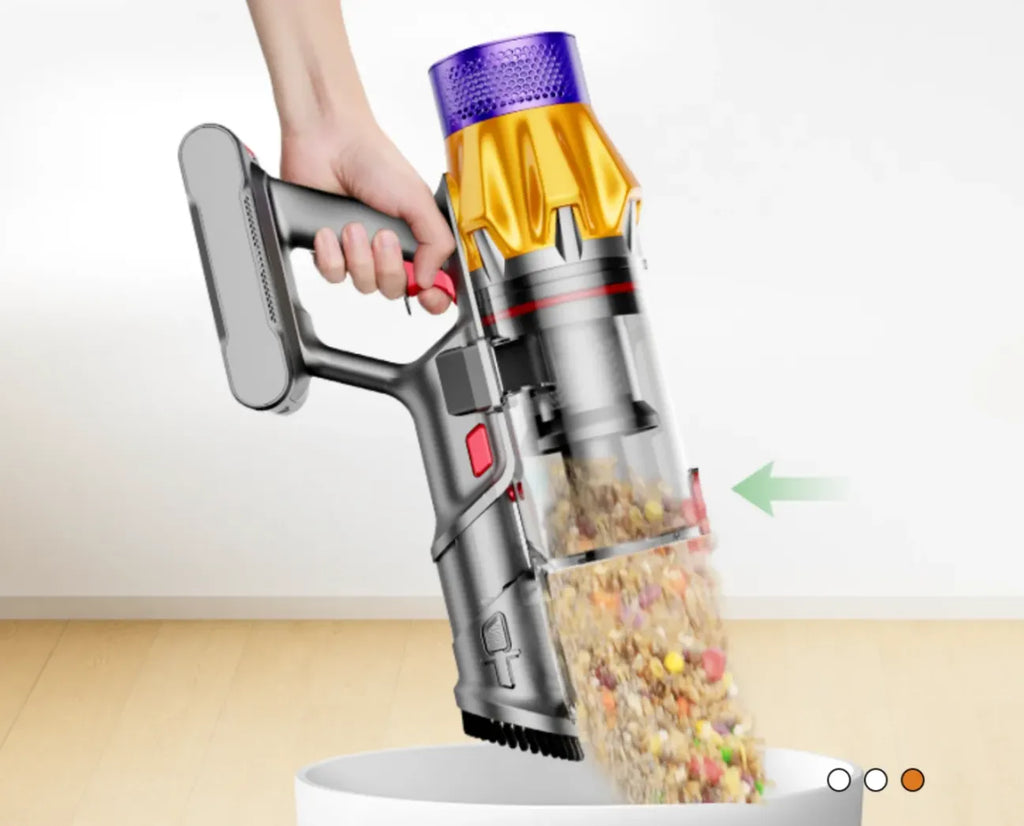 Hand holding a cordless Purco V18 Vacuum Cleaner with a clear container filled with colorful items on a white background.