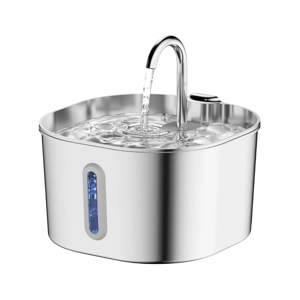 A PurrFlowy Cat Fountain with a curved faucet spout pouring water into a basin, shown on a clean white background.