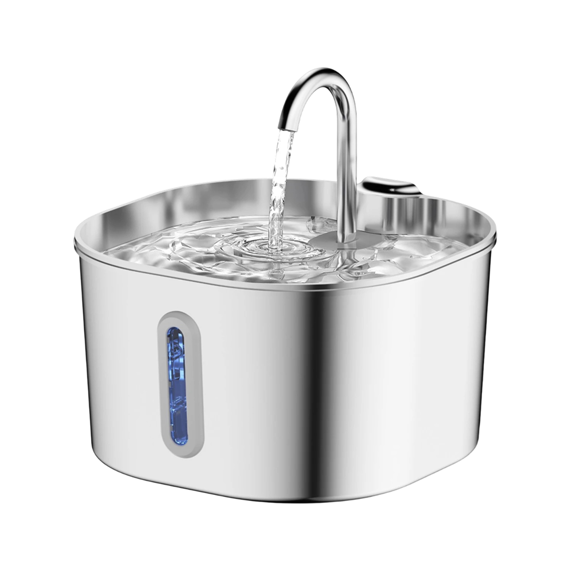 A PurrFlowy Cat Fountain with a curved faucet spout pouring water into a basin, shown on a clean white background.