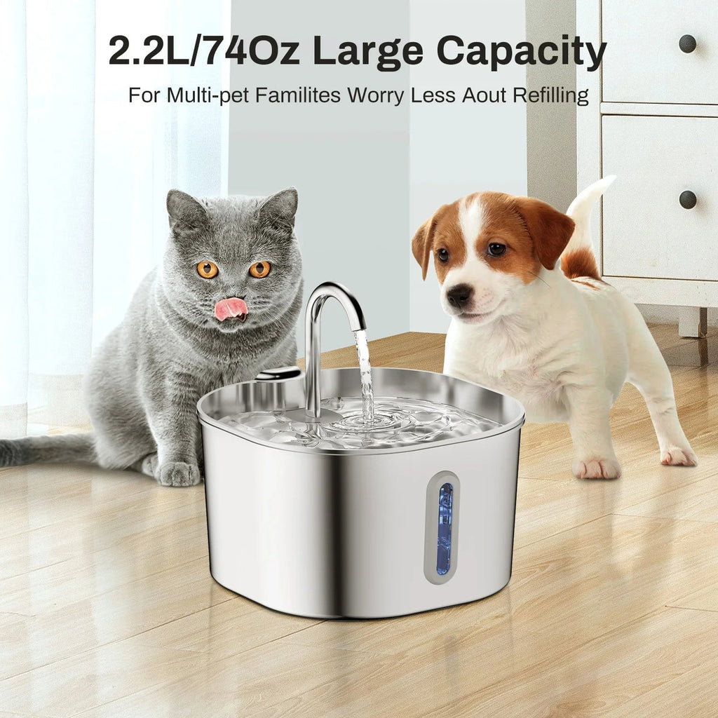 PurrFlowy Cat Fountain with a cat and dog around it on a wooden floor.