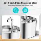 PurrFlowy Cat Fountain steel kitchen sink with faucet on a light gray background, featuring text about food-grade stainless steel.