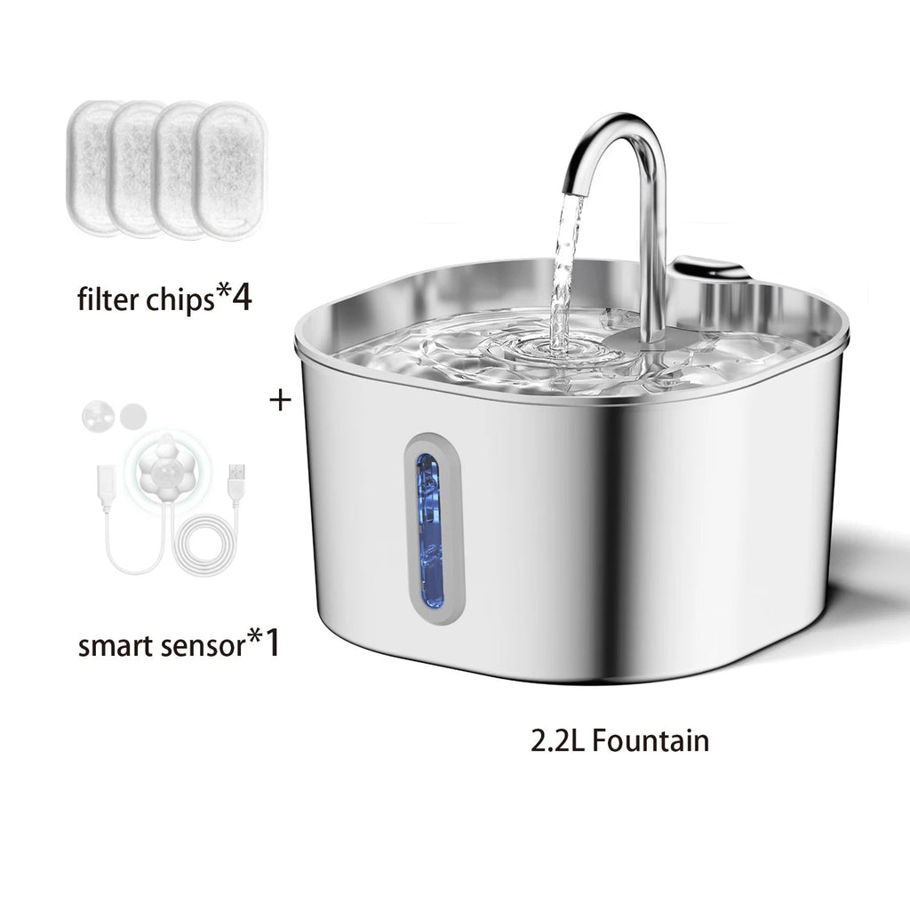Stainless steel PurrFlowy Cat Fountain with filter chips and smart sensor on a white background