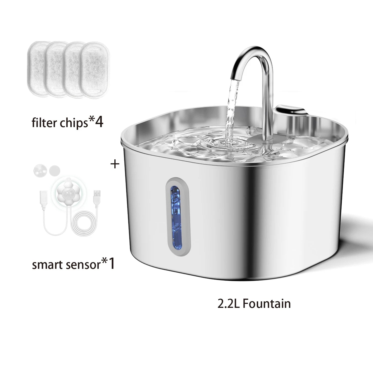 Stainless steel PurrFlowy Cat Fountain with filter chips and smart sensor on a white background