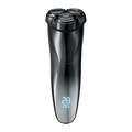 A sleek black RazorVanta Electric Shaver with three rotating shaving heads and a blue digital battery indicator on the front, shown against a plain white background.