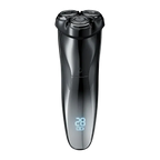 A sleek black RazorVanta Electric Shaver with three rotating shaving heads and a blue digital battery indicator on the front, shown against a plain white background.
