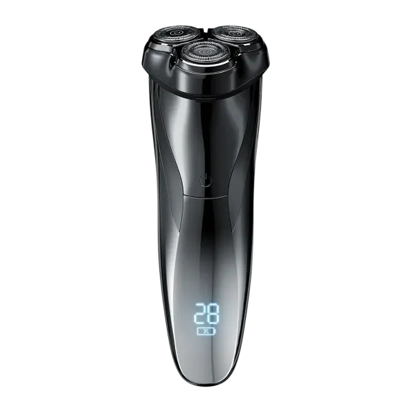 A sleek black RazorVanta Electric Shaver with three rotating shaving heads and a blue digital battery indicator on the front, shown against a plain white background.