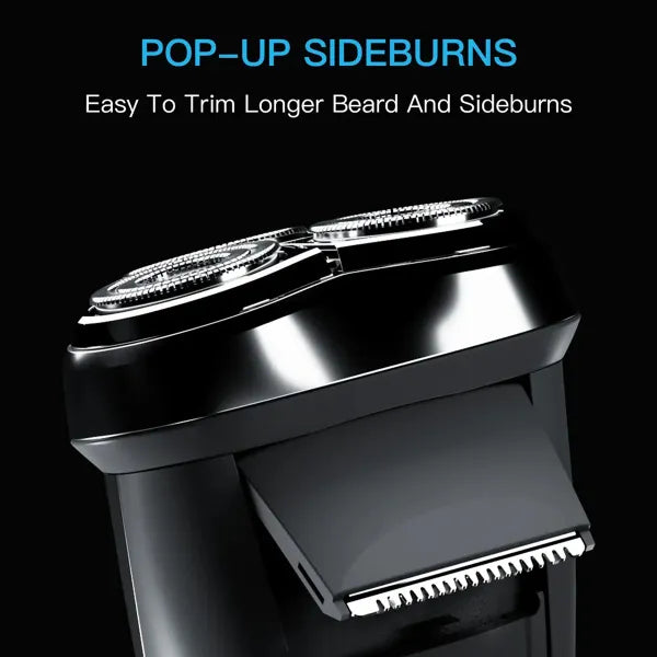 RazorVanta Electric Shaver with pop-up sideburns feature on a black background