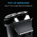 RazorVanta Electric Shaver with pop-up sideburns feature on a black background