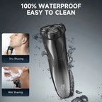 RazorVanta Electric Shaver with water splashes and text indicating waterproof and easy cleaning features.