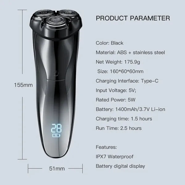 Black RazorVanta Electric Shaver with product dimensions and specifications text on a light gray background.