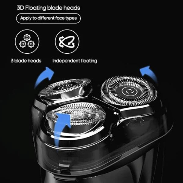 A close-up of a three-head RazorVanta Electric Shaver with blue arrows and text explaining floating blade heads, shown on a black background.
