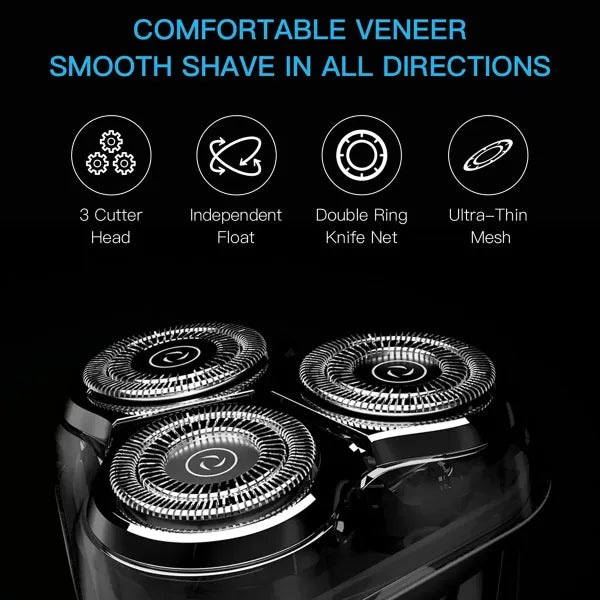 Black RazorVanta Electric Shaver with three circular shaving heads on a black background, featuring blue and white marketing text above highlighting features like a 3-cutter head, independent float, double ring knife net, and ultra-thin mesh.