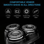 Black RazorVanta Electric Shaver with three circular shaving heads on a black background, featuring blue and white marketing text above highlighting features like a 3-cutter head, independent float, double ring knife net, and ultra-thin mesh.