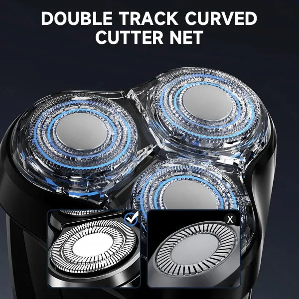 Close-up of an RazorVanta Electric Shaver with three circular cutting tracks and blue LED lighting, plus two inset detail views and the text 'DOUBLE TRACK CURVED CUTTER NET' on a dark background.