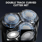 Close-up of an RazorVanta Electric Shaver with three circular cutting tracks and blue LED lighting, plus two inset detail views and the text 'DOUBLE TRACK CURVED CUTTER NET' on a dark background.
