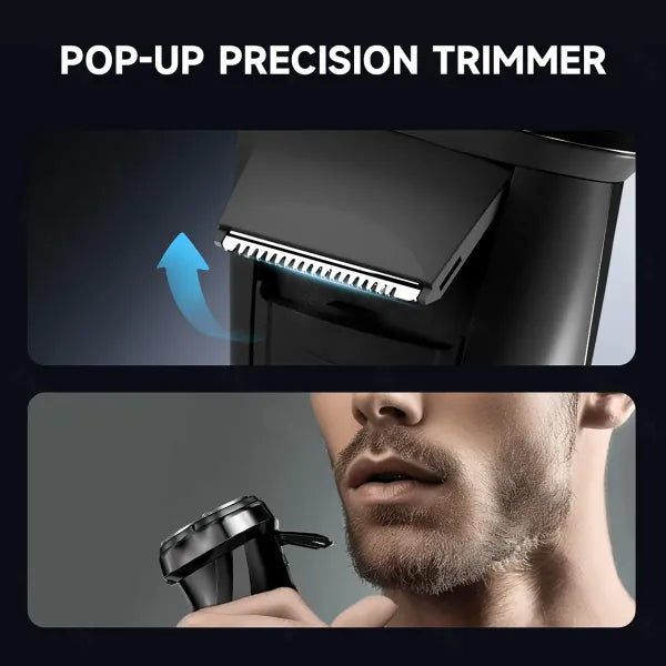 Pop-up RazorVanta Electric Shaver with close-up of a person using it on their beard.