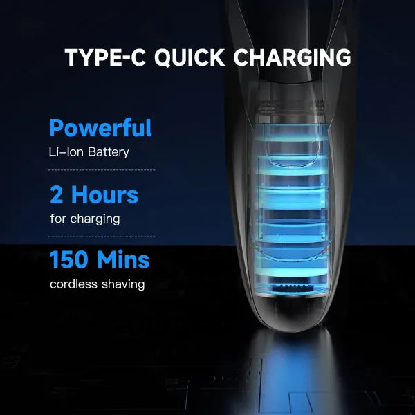 RazorVanta Electric Shaver with Type-C quick charging features on a dark background