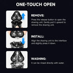 Instruction graphic for a three-head RazorVanta Electric Shaver unit on a dark background, showing three steps: remove the shaving unit by pulling upward, install it by aligning and pressing downward, and wash it with water.
