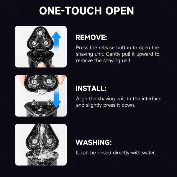 Instruction graphic for a three-head RazorVanta Electric Shaver unit on a dark background, showing three steps: remove the shaving unit by pulling upward, install it by aligning and pressing downward, and wash it with water.