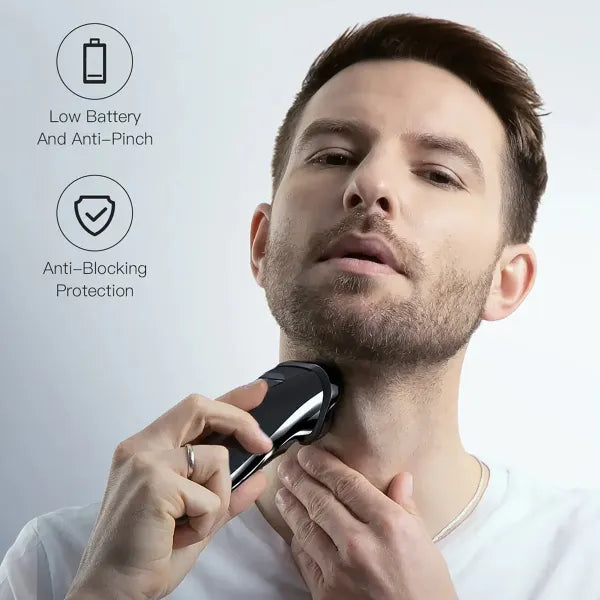 Man using an RazorVanta Electric Shaver with features highlighted on a light gray background