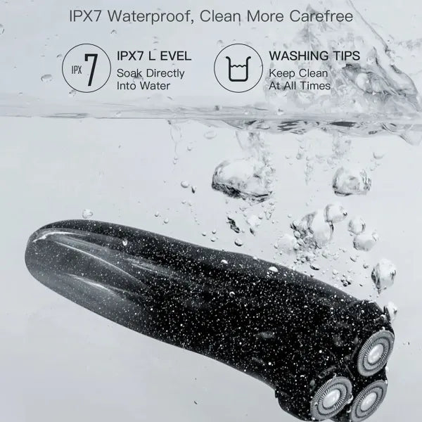 RazorVanta Electric Shaver submerged in water with IPX7 waterproof rating information displayed.