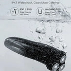 RazorVanta Electric Shaver submerged in water with IPX7 waterproof rating information displayed.