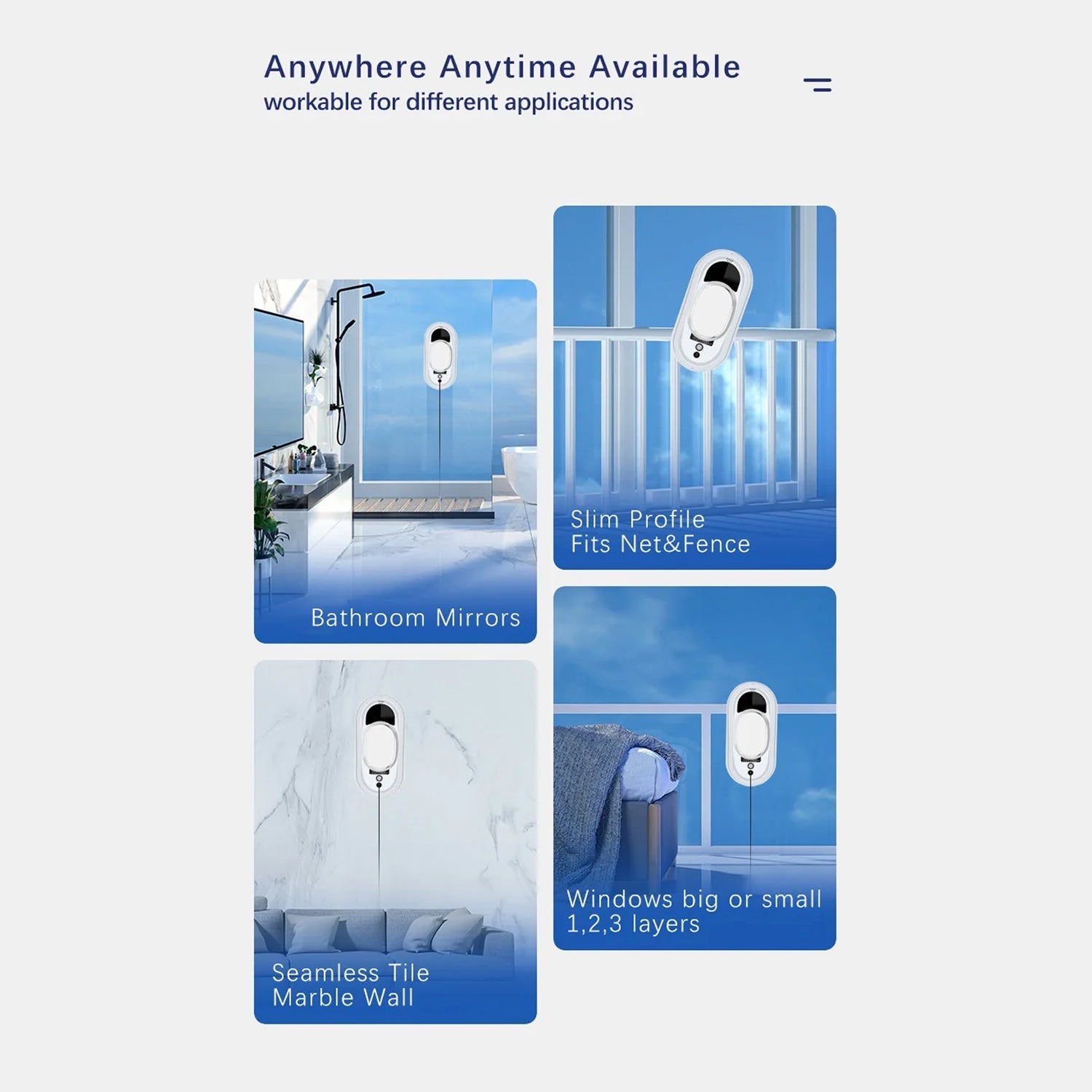 RelleBont Robot Window Cleaner display with text 'Anywhere Anytime Available' and images of a device in various settings.