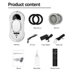 List of RelleBont Robot Window Cleaner components including machines, map rings, AC cord, power adapter, safety rope, manual, water bottle, and remote control on a white background.