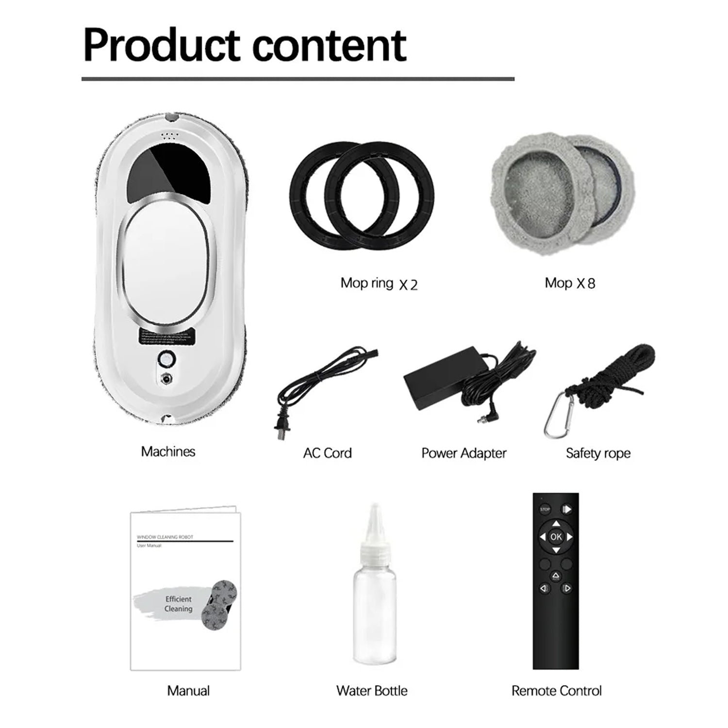 List of RelleBont Robot Window Cleaner components including machines, map rings, AC cord, power adapter, safety rope, manual, water bottle, and remote control on a white background.