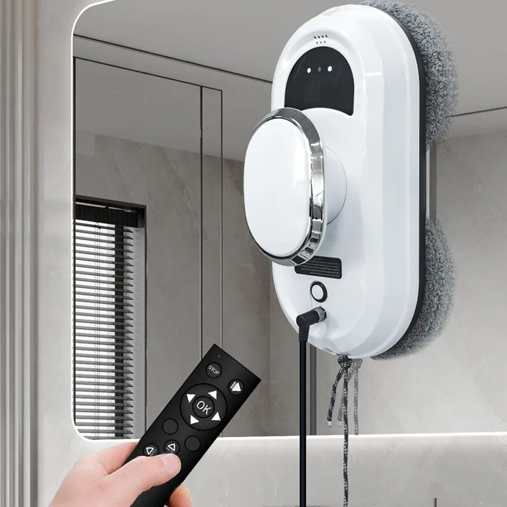 Cleaning RelleBont Robot Window Cleaner with remote control attached to a mirror